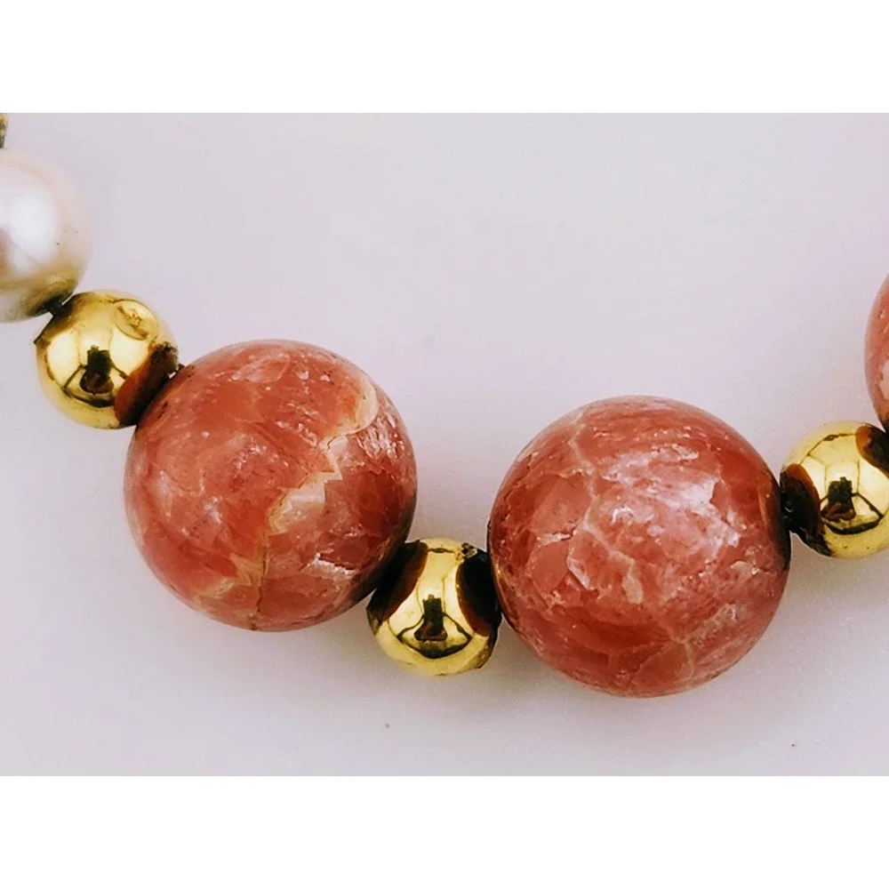 Vintage 14k Gold Rhodochrosite Pearl Cloisonne Bead Necklace Estate 585 Stamped